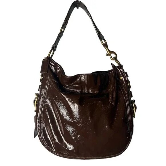 NWOT AUTHENTIC COACH ZOE BROWN PATENT LEATHER LARGE HOBO HANDBAG & DUSTY $500 - Picture 2 of 10